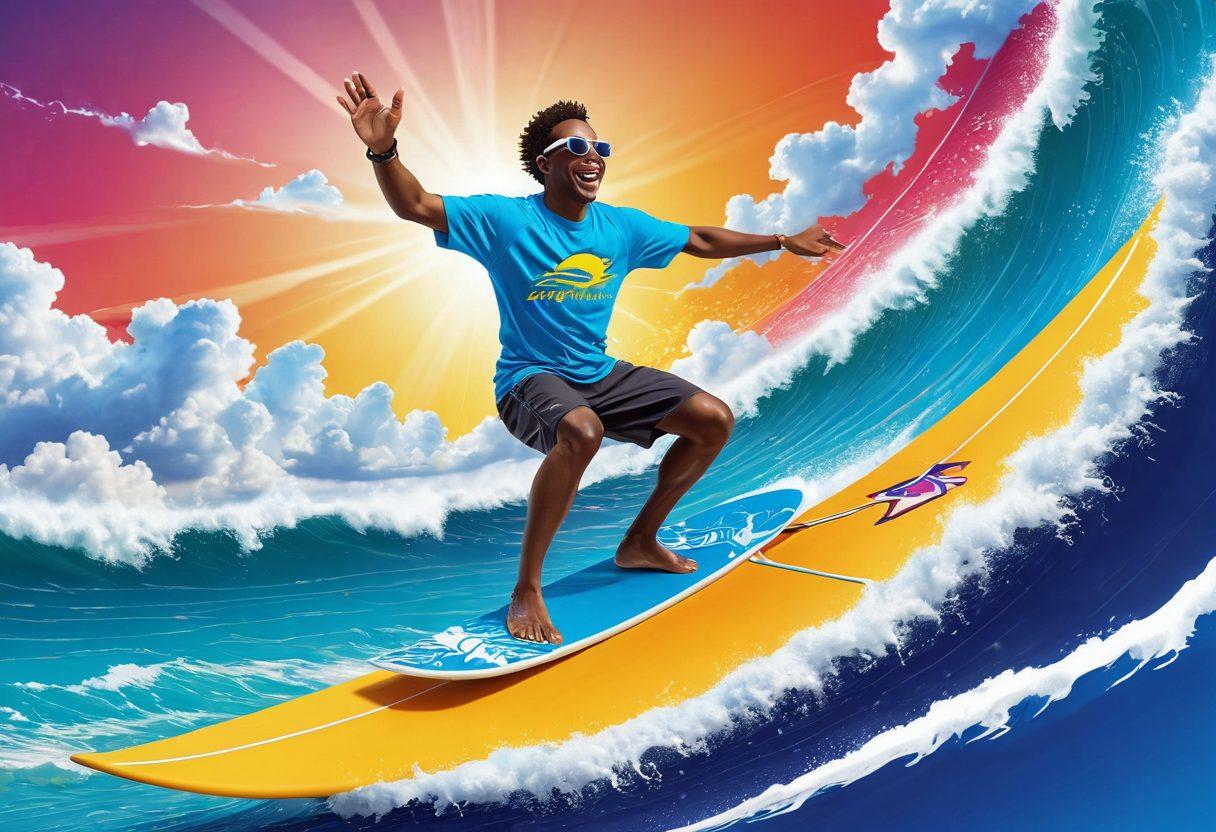 A vibrant illustration of a person joyfully surfing on colorful waves made of digital icons and symbols representing the internet, with a bright, cheerful sky filled with fluffy clouds made of computer code. Incorporate elements like a lightning bolt to symbolize fast internet and a sunny sun wearing sunglasses. super-realistic. vibrant colors. white background.