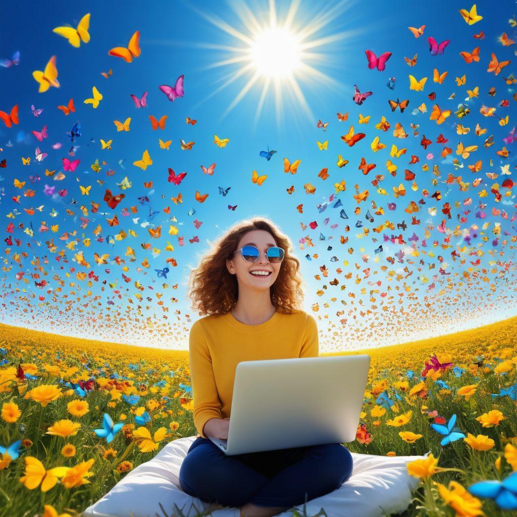 A whimsical scene of a person joyfully browsing on a laptop surrounded by colorful butterflies and floating happy emojis, with a bright sun shining in a clear blue sky. Around them, playful digital icons like smiley faces, thumbs up, and vibrant web pages float in the air, symbolizing the joy of excellent web browsing. The overall atmosphere conveys happiness and adventure in the digital world. vibrant colors. cheerful illustration.