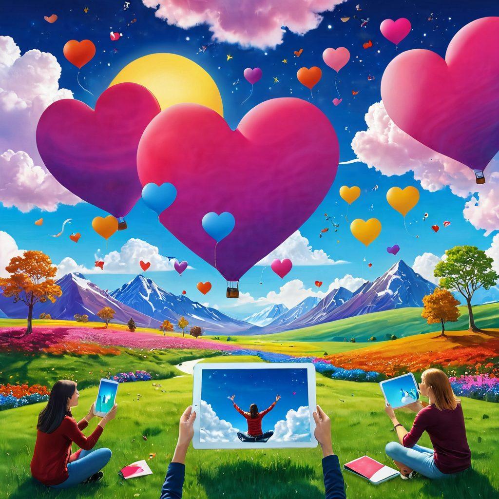 A whimsical landscape featuring a diverse group of people joyfully exploring various engaging websites on oversized tablets and smartphones, surrounded by floating digital icons representing creativity and knowledge. The sky is bright and sunny, filled with colorful clouds shaped like hearts and stars, evoking a sense of adventure and satisfaction. The scene embodies a cheerful and optimistic atmosphere, inviting viewers to embrace the joy of browsing. vibrant colors. digital art.